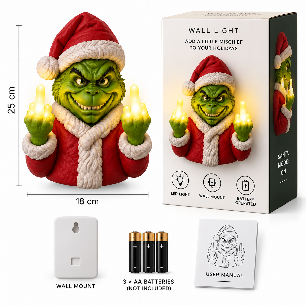 Green Mischief LED wall light size and package