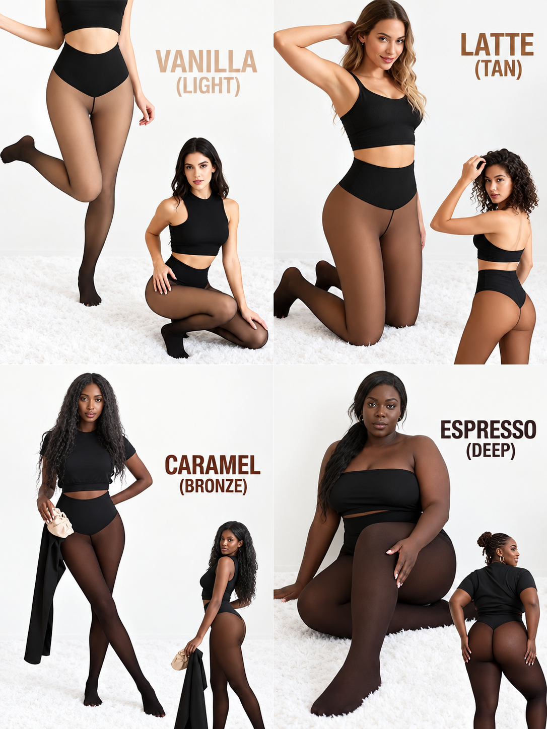 Four shade overview of one-seam fleece-lined shaping tights