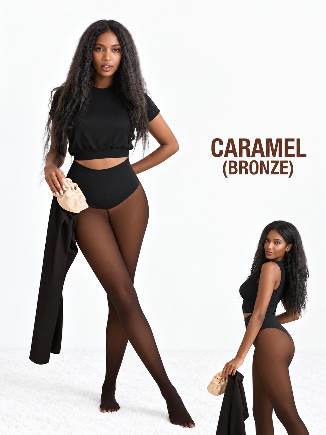 Caramel bronze one-seam fleece-lined tights fit view