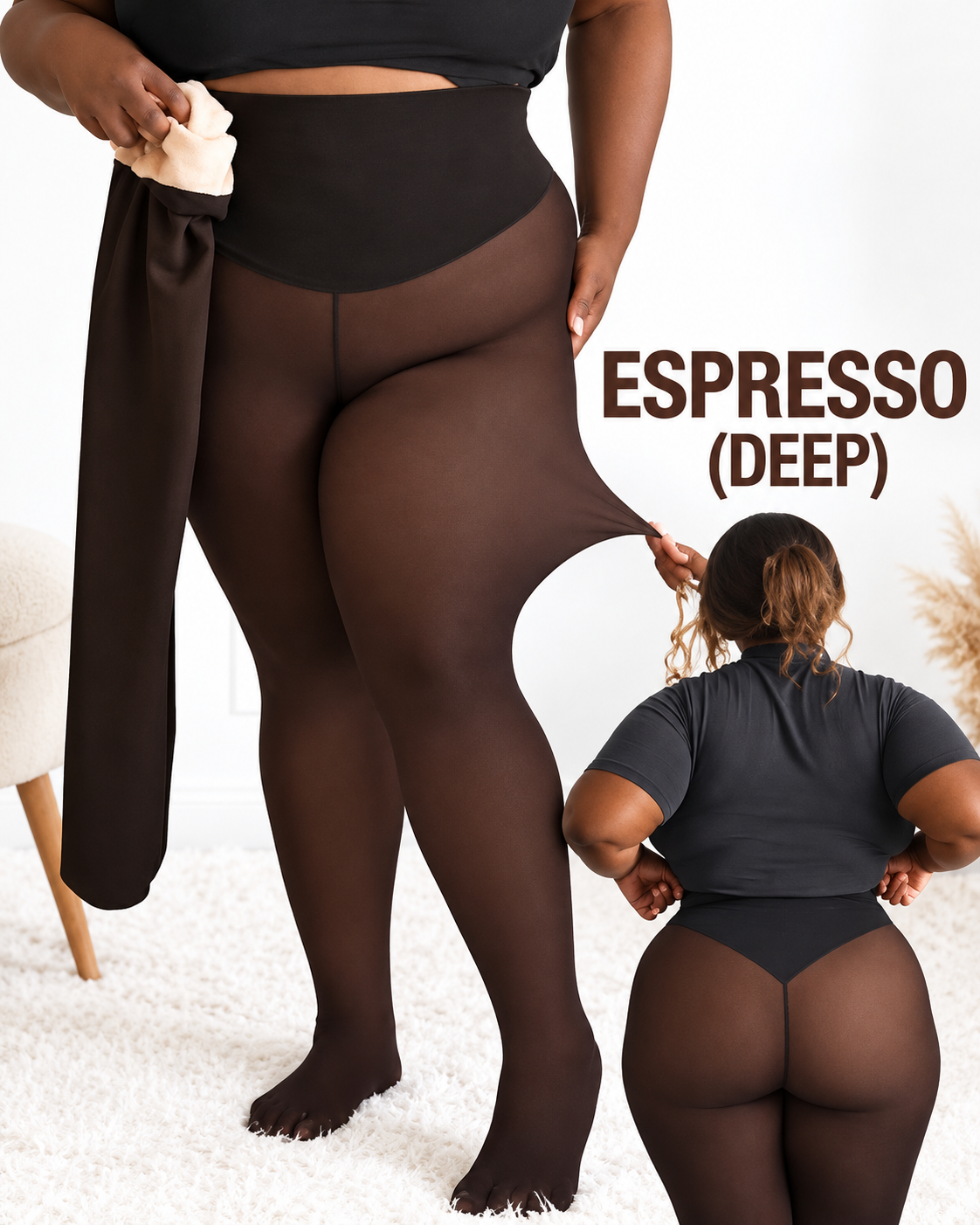 Espresso deep one-seam fleece-lined tights detail