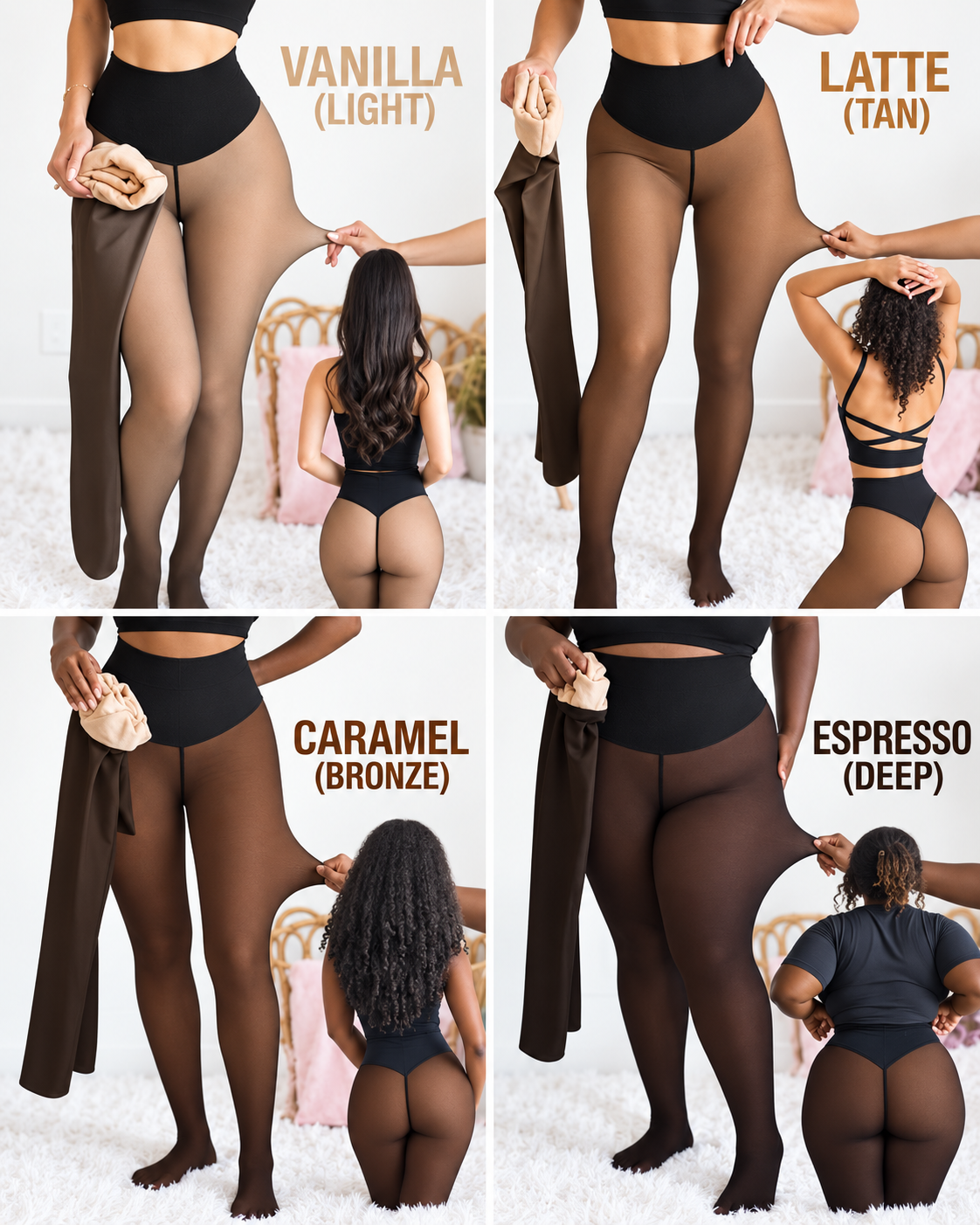 Four shade stretch and fit comparison for one-seam tights