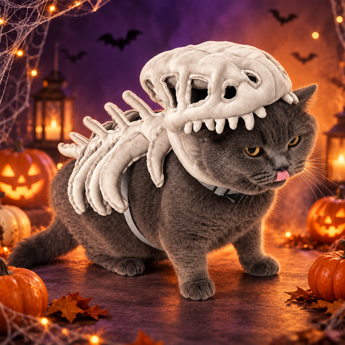 45CM dinosaur skeleton pet costume on gray cat