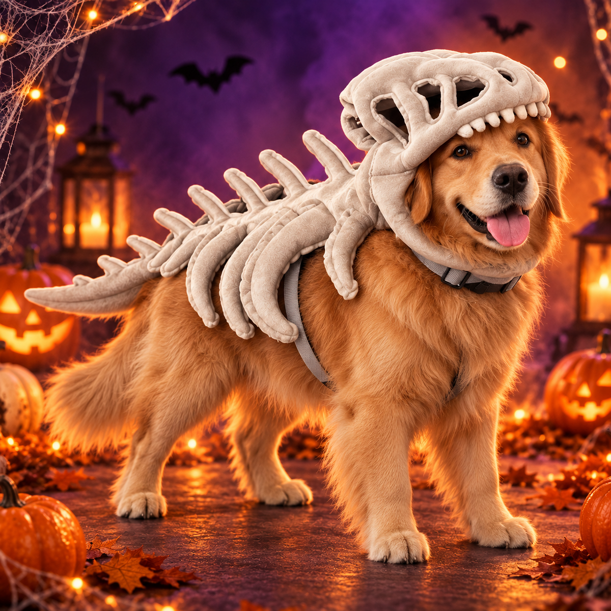 75CM dinosaur skeleton pet costume on golden retriever
