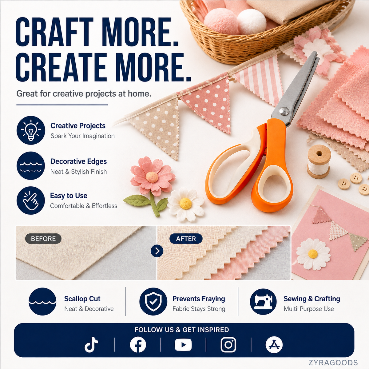 🔥 50% OFF ✨ Multipurpose Pinking Shears – Zigzag Fabric & Craft Scissors