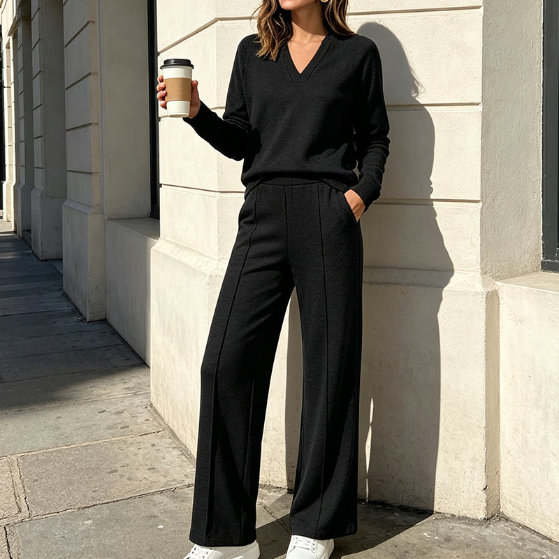 🔥 52% OFF ✨ Women’s V-Neck 2-Piece Set – Wide-Leg Pants & Relaxed Top