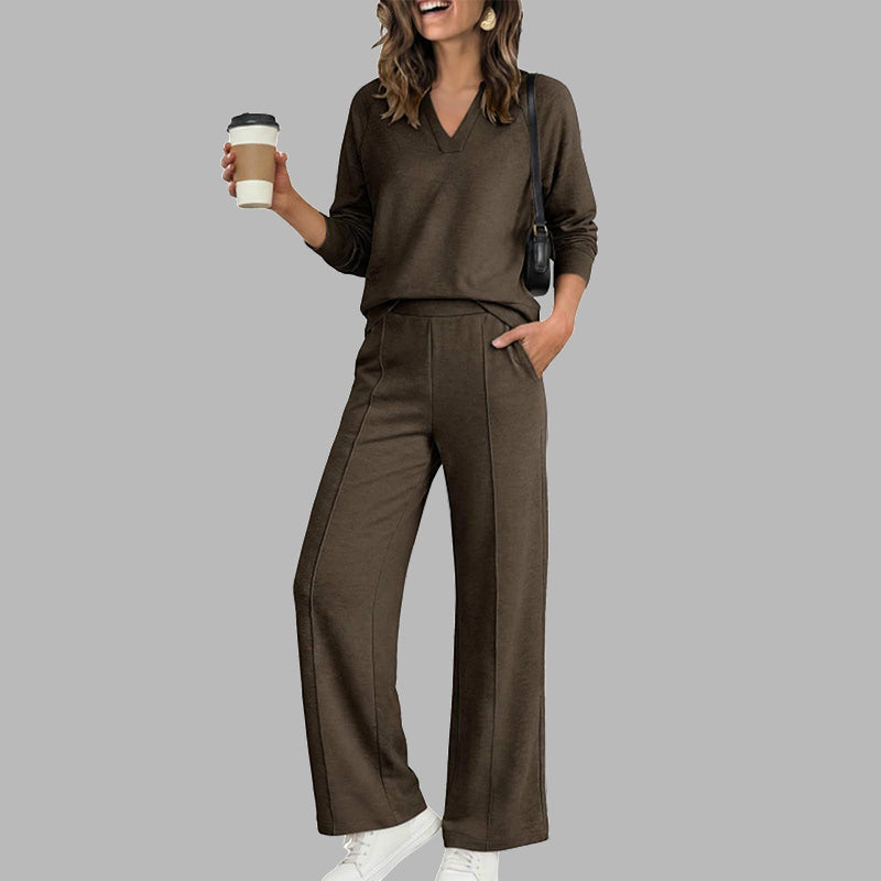 🔥 52% OFF ✨ Women’s V-Neck 2-Piece Set – Wide-Leg Pants & Relaxed Top