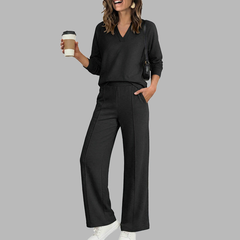 🔥 52% OFF ✨ Women’s V-Neck 2-Piece Set – Wide-Leg Pants & Relaxed Top