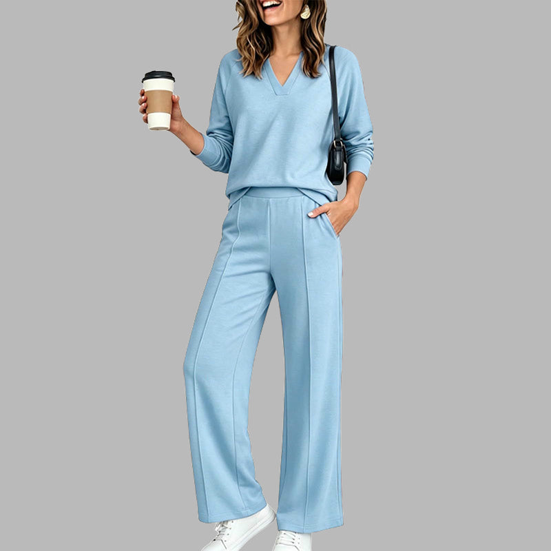 🔥 52% OFF ✨ Women’s V-Neck 2-Piece Set – Wide-Leg Pants & Relaxed Top