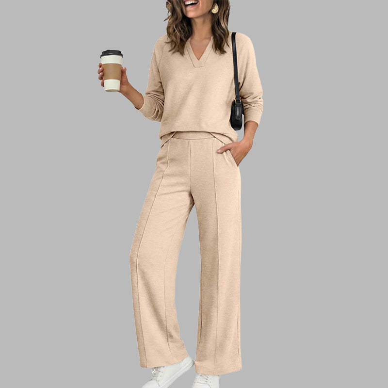 🔥 52% OFF ✨ Women’s V-Neck 2-Piece Set – Wide-Leg Pants & Relaxed Top