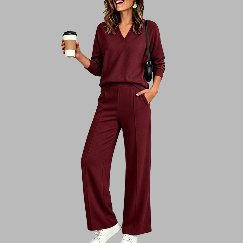 🔥 52% OFF ✨ Women’s V-Neck 2-Piece Set – Wide-Leg Pants & Relaxed Top
