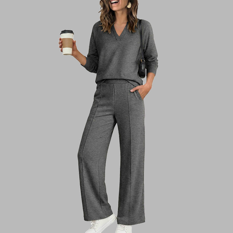 🔥 52% OFF ✨ Women’s V-Neck 2-Piece Set – Wide-Leg Pants & Relaxed Top