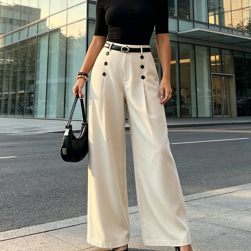 🔥 50% OFF ✨ Women’s High-Waist Wide-Leg Pants – Button Detail & Elegant Office Style
