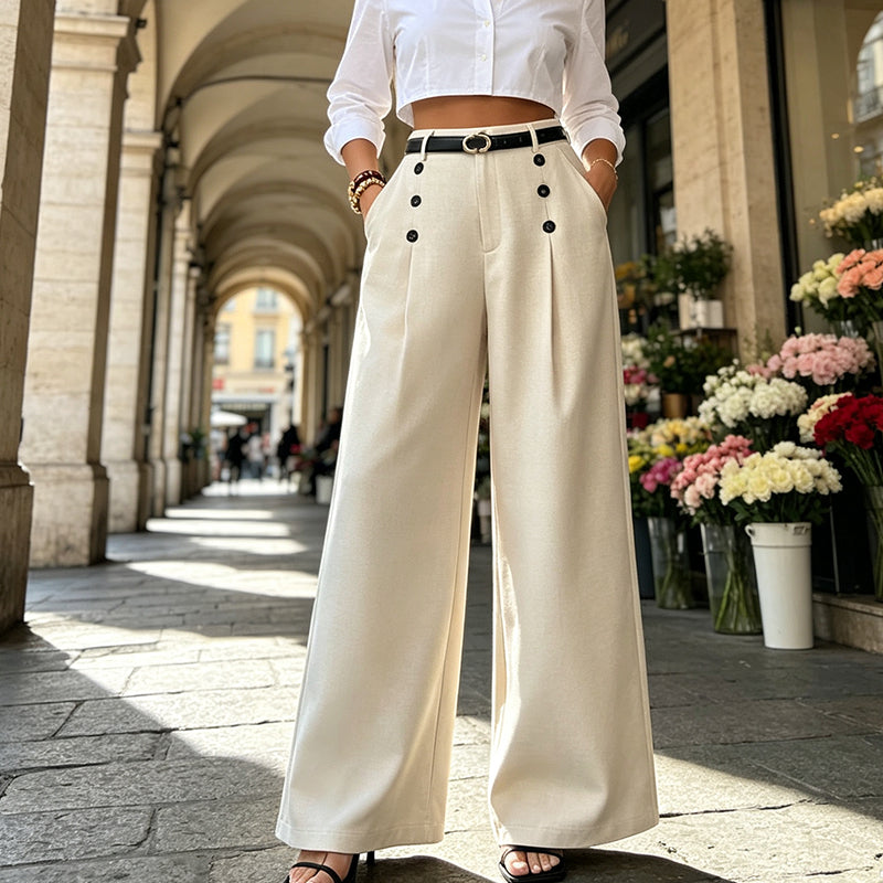 🔥 50% OFF ✨ Women’s High-Waist Wide-Leg Pants – Button Detail & Elegant Office Style