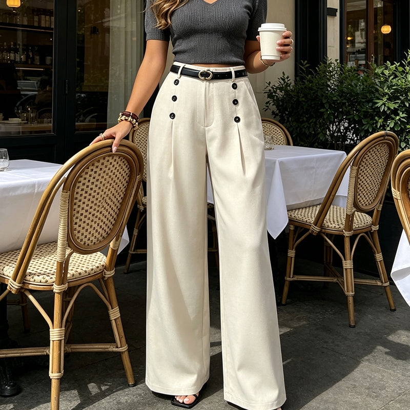 🔥 50% OFF ✨ Women’s High-Waist Wide-Leg Pants – Button Detail & Elegant Office Style