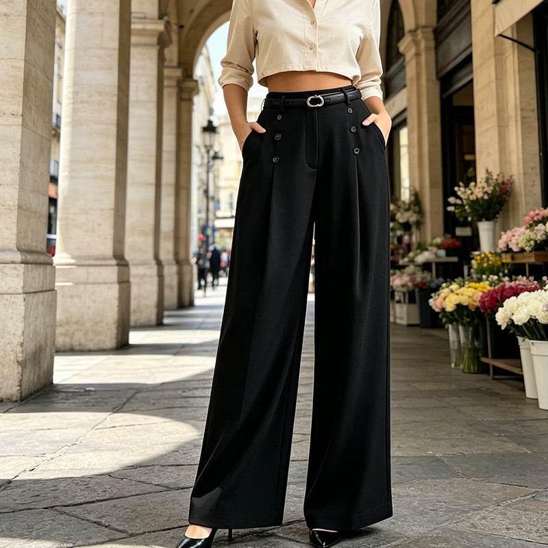 🔥 50% OFF ✨ Women’s High-Waist Wide-Leg Pants – Button Detail & Elegant Office Style