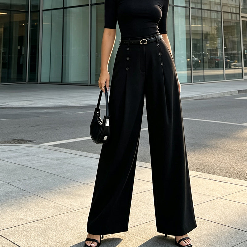 🔥 50% OFF ✨ Women’s High-Waist Wide-Leg Pants – Button Detail & Elegant Office Style
