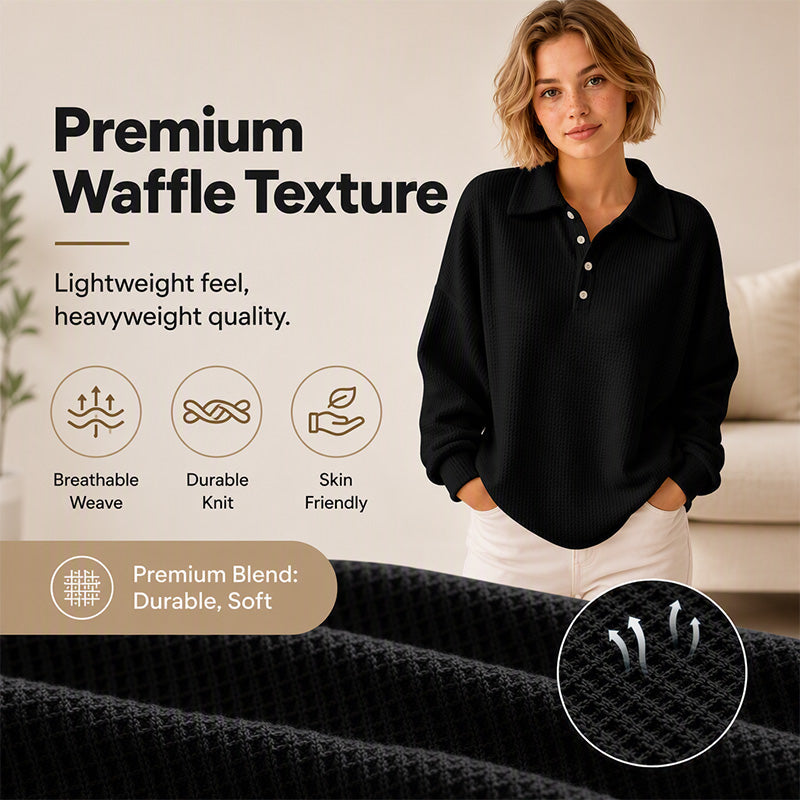 🔥 50% OFF ✨ Women’s Relaxed Waffle Knit Top – Soft Collared Everyday Style