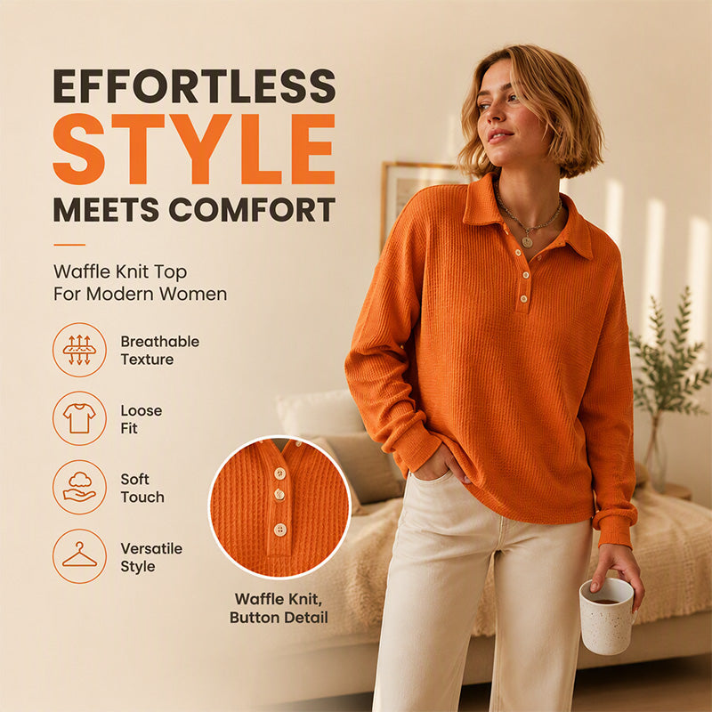 🔥 50% OFF ✨ Women’s Relaxed Waffle Knit Top – Soft Collared Everyday Style