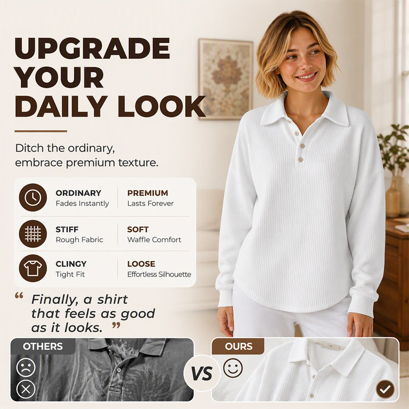🔥 50% OFF ✨ Women’s Relaxed Waffle Knit Top – Soft Collared Everyday Style