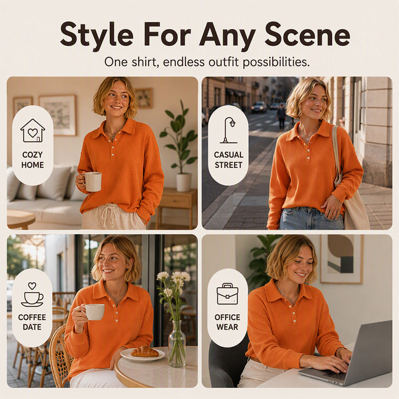 🔥 50% OFF ✨ Women’s Relaxed Waffle Knit Top – Soft Collared Everyday Style