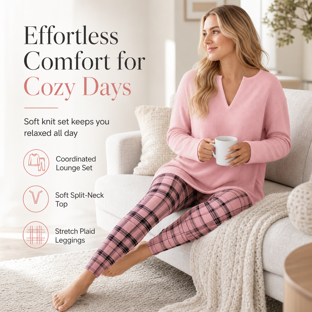 🔥 50% OFF ✨ Women’s Soft Knit 2-Piece Lounge Set – Split-Neck Tunic & Plaid Leggings