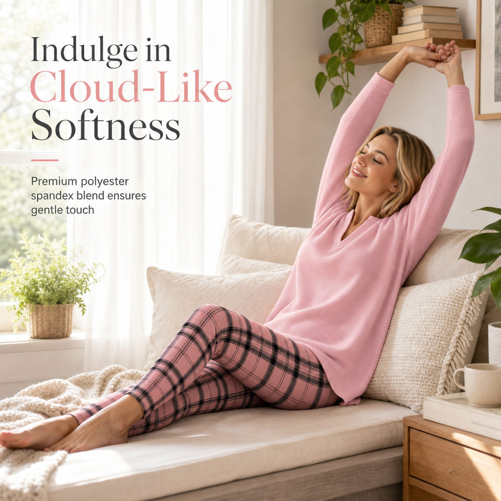 🔥 50% OFF ✨ Women’s Soft Knit 2-Piece Lounge Set – Split-Neck Tunic & Plaid Leggings