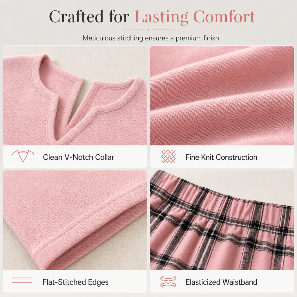 🔥 50% OFF ✨ Women’s Soft Knit 2-Piece Lounge Set – Split-Neck Tunic & Plaid Leggings