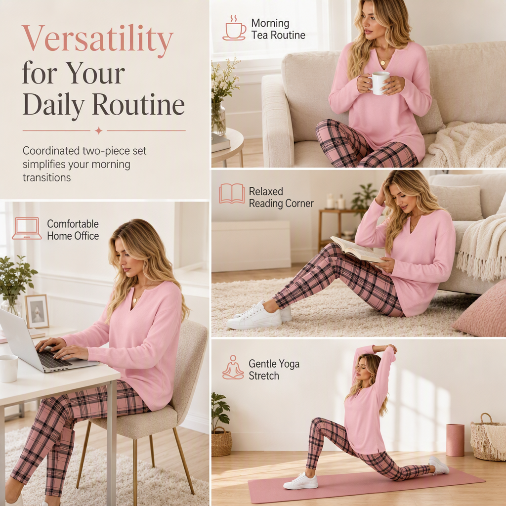 🔥 50% OFF ✨ Women’s Soft Knit 2-Piece Lounge Set – Split-Neck Tunic & Plaid Leggings
