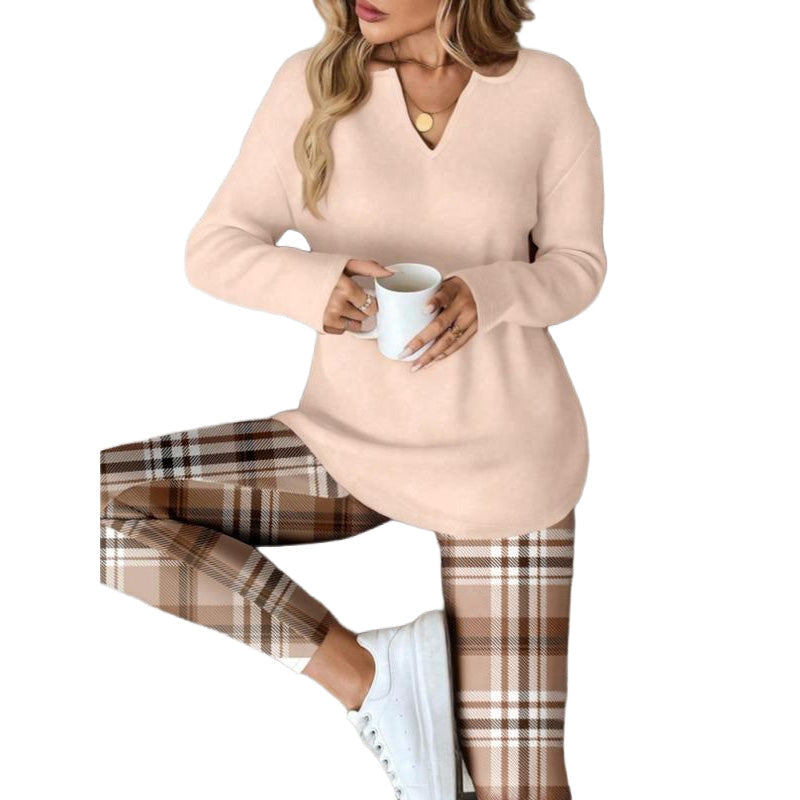 🔥 50% OFF ✨ Women’s Soft Knit 2-Piece Lounge Set – Split-Neck Tunic & Plaid Leggings