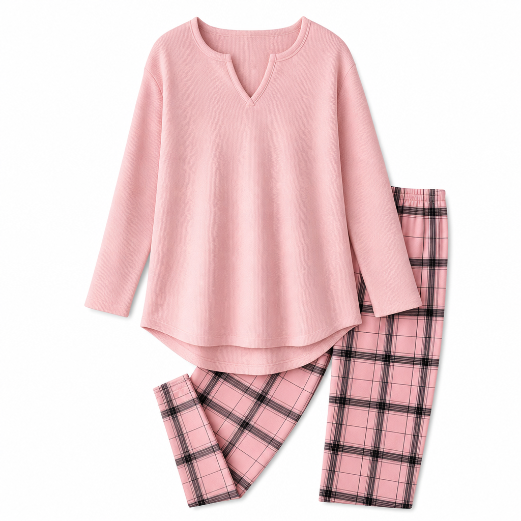🔥 50% OFF ✨ Women’s Soft Knit 2-Piece Lounge Set – Split-Neck Tunic & Plaid Leggings