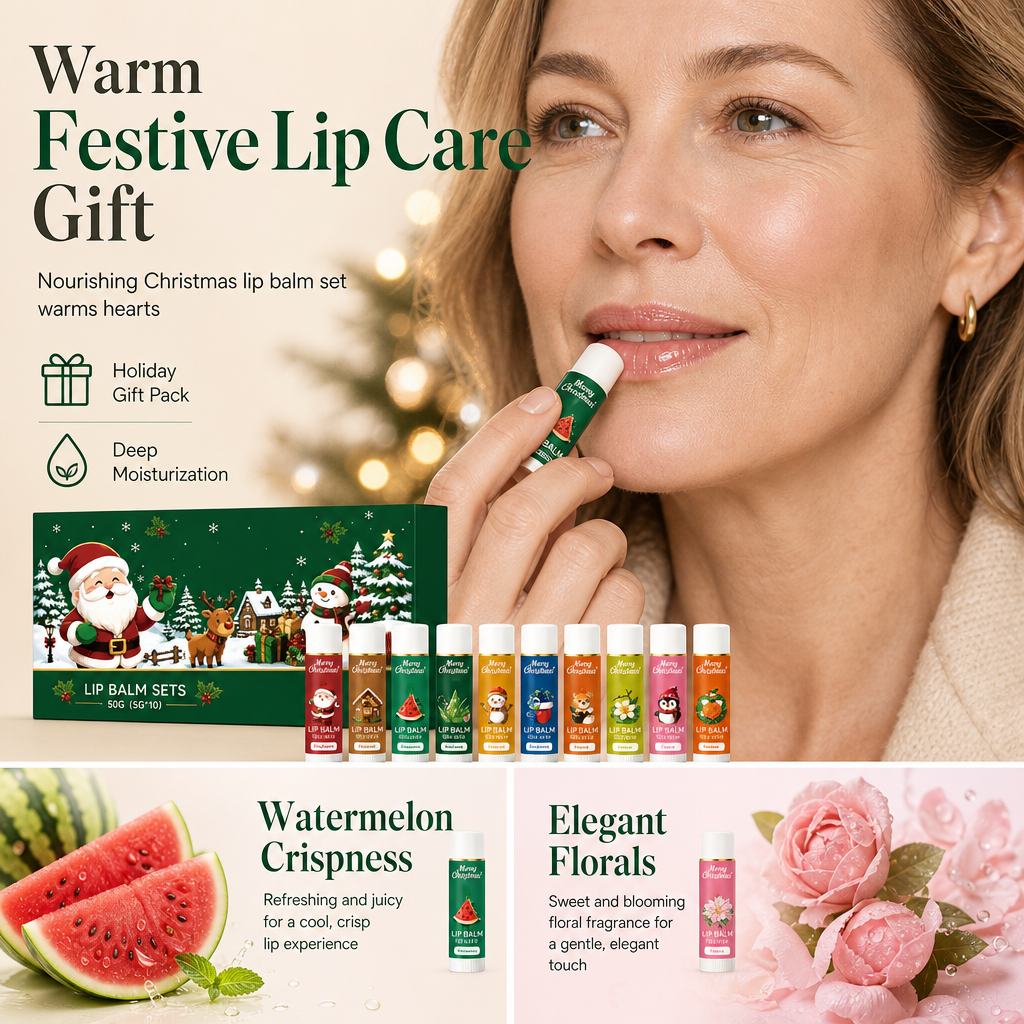 🎄 50% OFF ✨ Christmas Moisturizing Lip Balm Gift Set – 10-Piece Winter Lip Care
