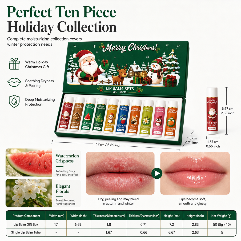 🎄 50% OFF ✨ Christmas Moisturizing Lip Balm Gift Set – 10-Piece Winter Lip Care
