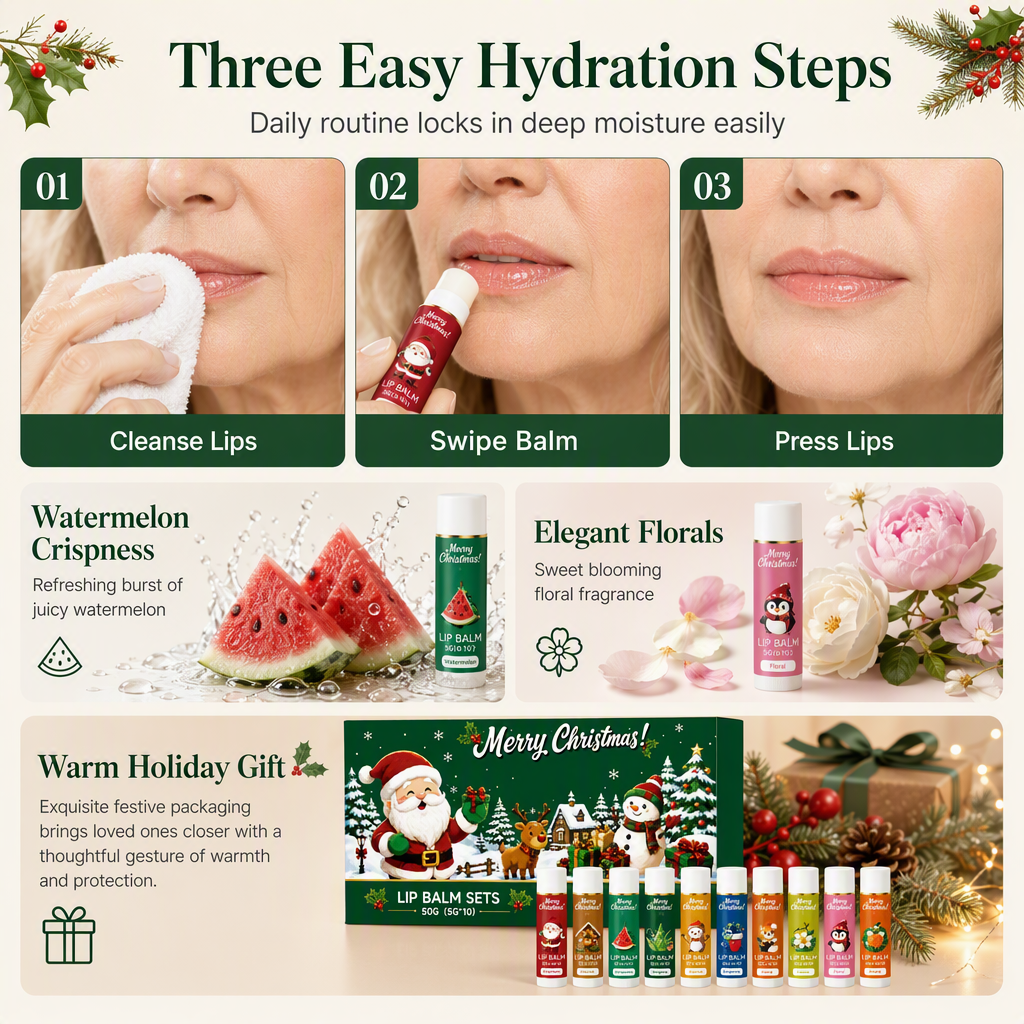 🎄 50% OFF ✨ Christmas Moisturizing Lip Balm Gift Set – 10-Piece Winter Lip Care