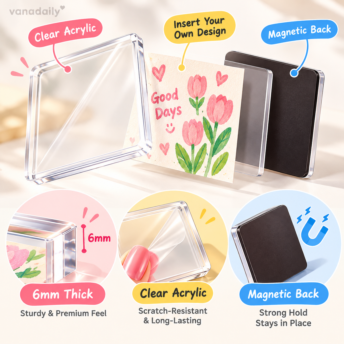 Vanadaily acrylic fridge magnet clear acrylic and magnetic back features