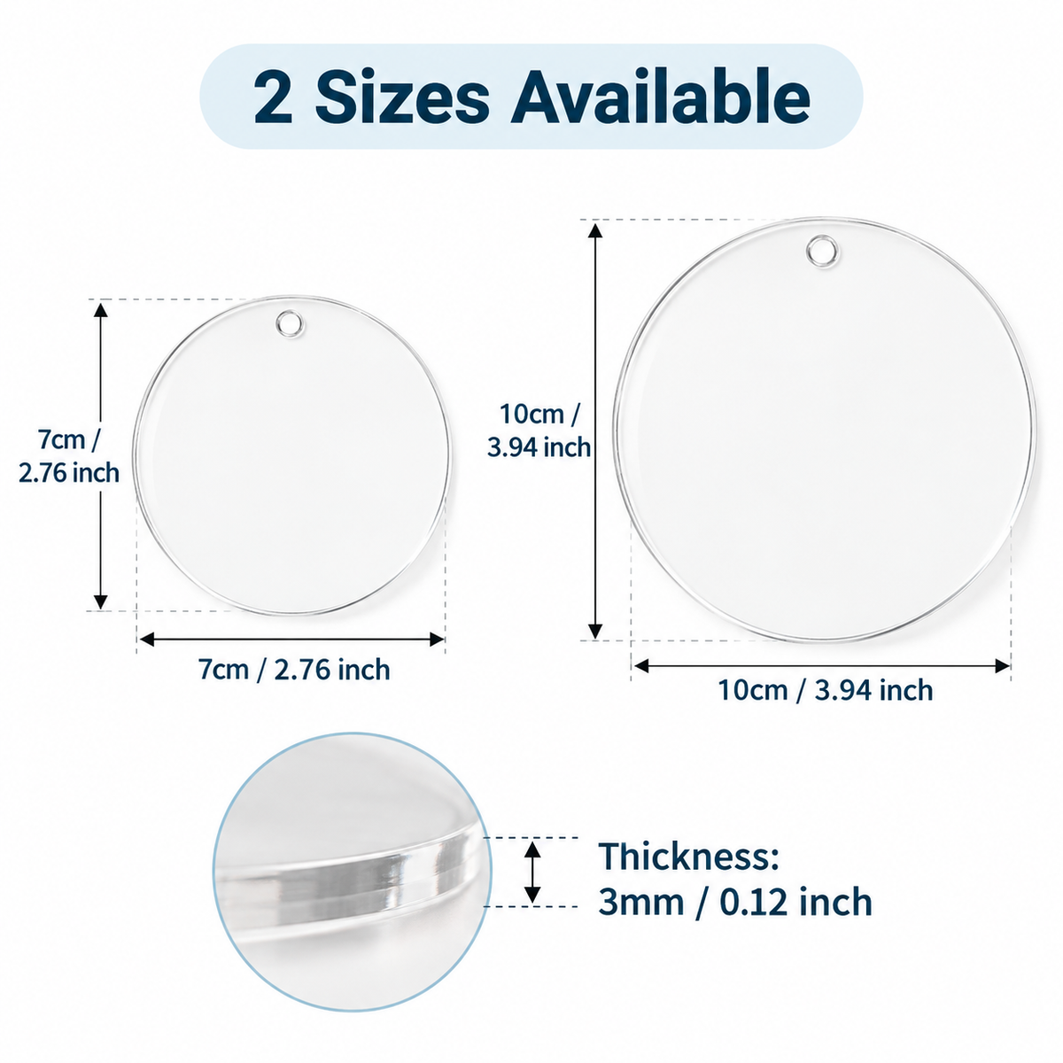 Acrylic Christmas ornament size guide for 7 cm and 10 cm sizes, 3 mm thick