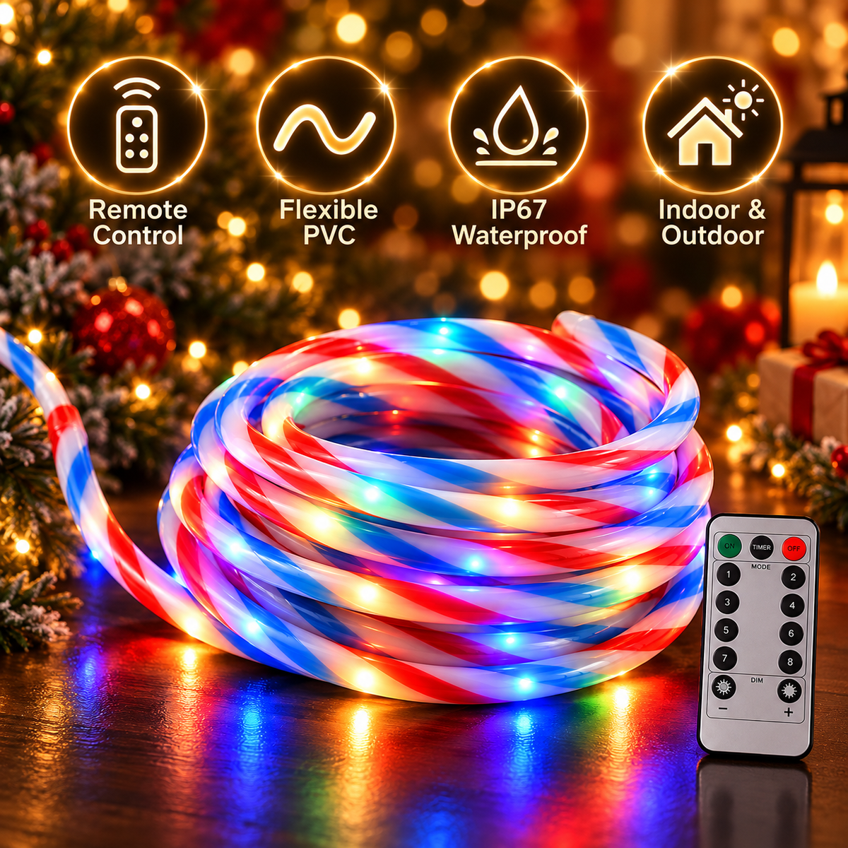 Candy cane LED rope light with remote control, flexible PVC, IP67 waterproof and indoor outdoor use