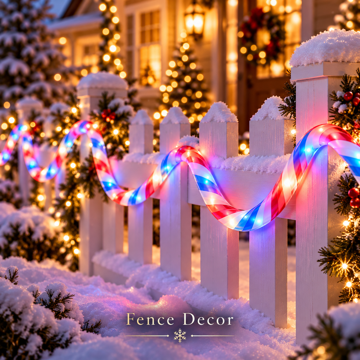Candy cane LED rope light on snowy outdoor fence