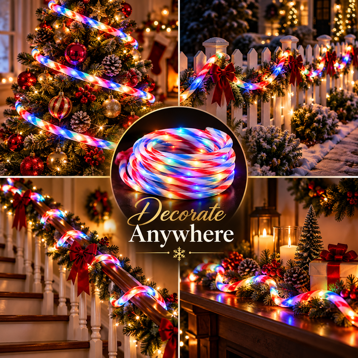 Candy cane LED rope light Christmas decor for tree, fence, stairs and home