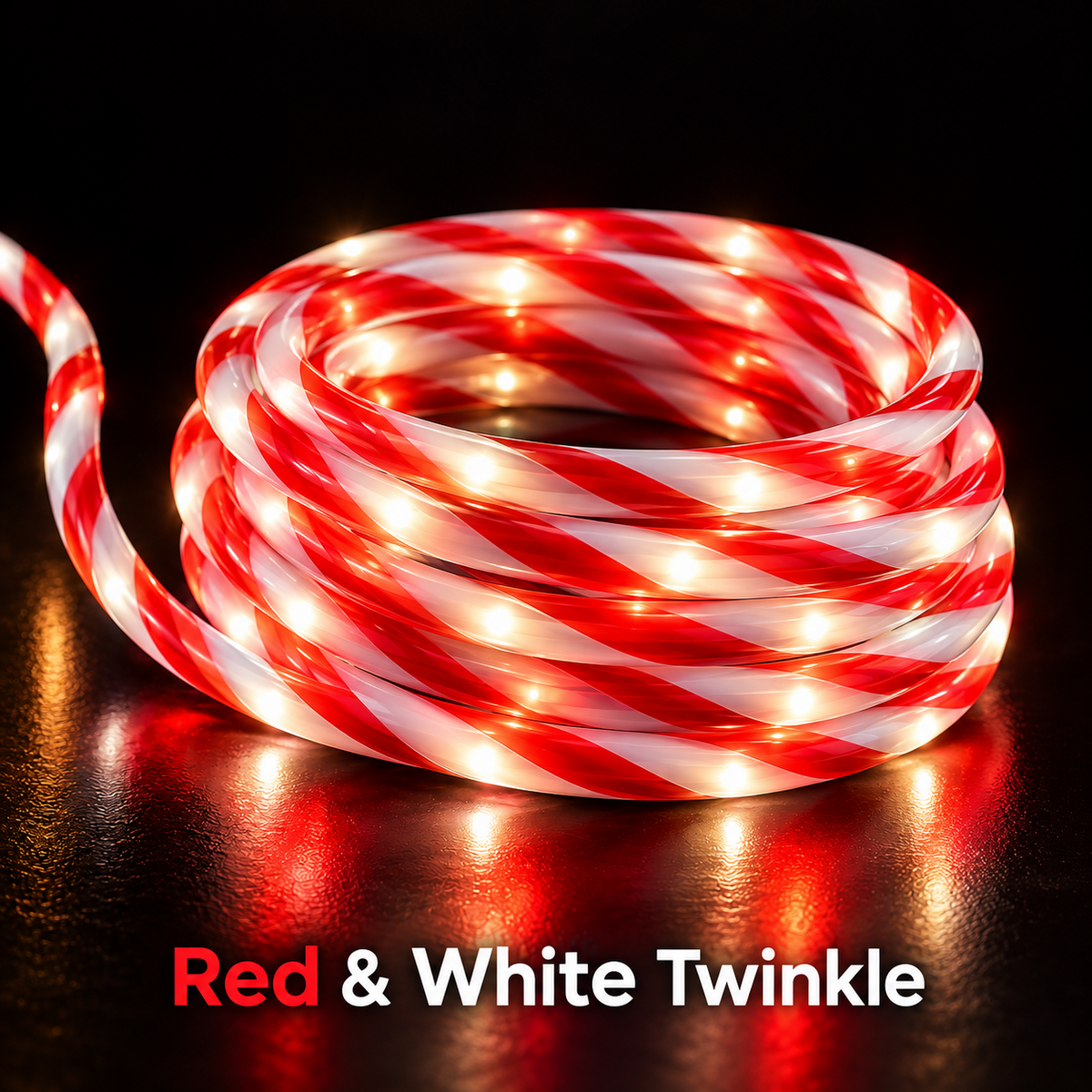 Red and white candy cane LED rope light with warm white lights