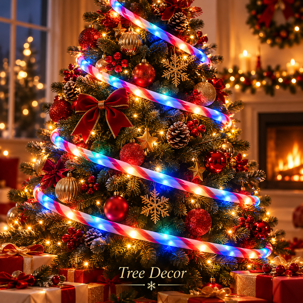 Candy cane LED rope light on Christmas tree
