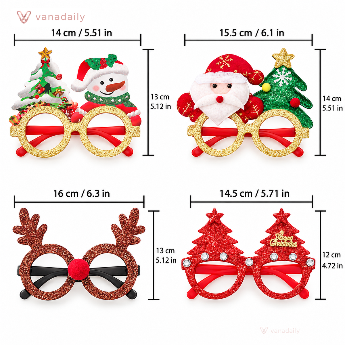 Vanadaily Christmas novelty glasses size guide