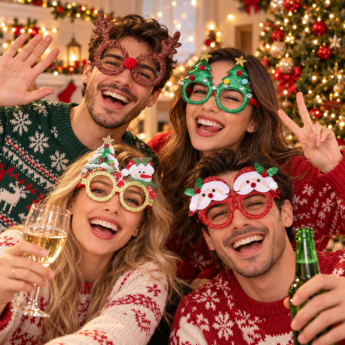 Friends wearing Vanadaily Christmas novelty party glasses at a festive party