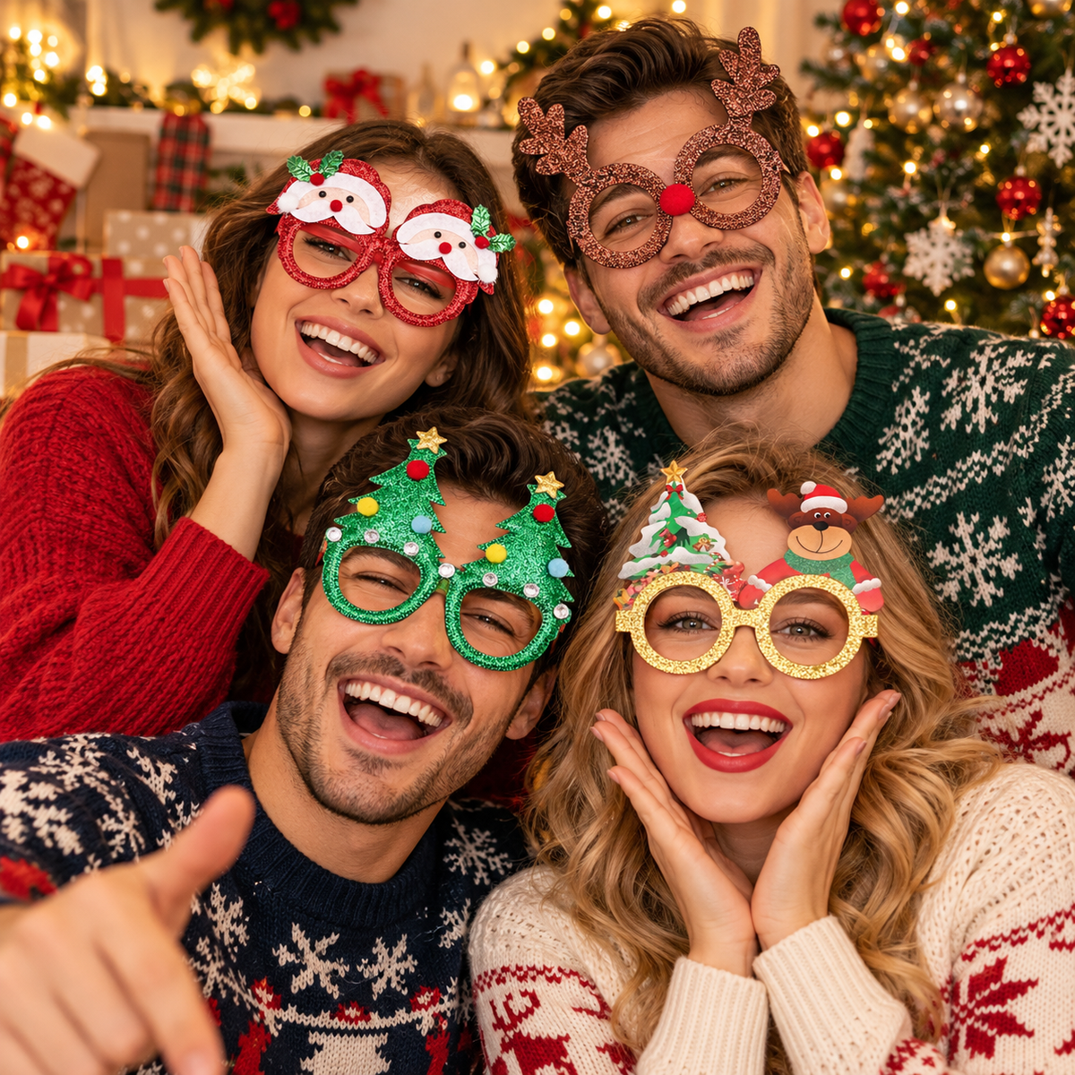 Group Christmas photo wearing Vanadaily festive novelty party glasses