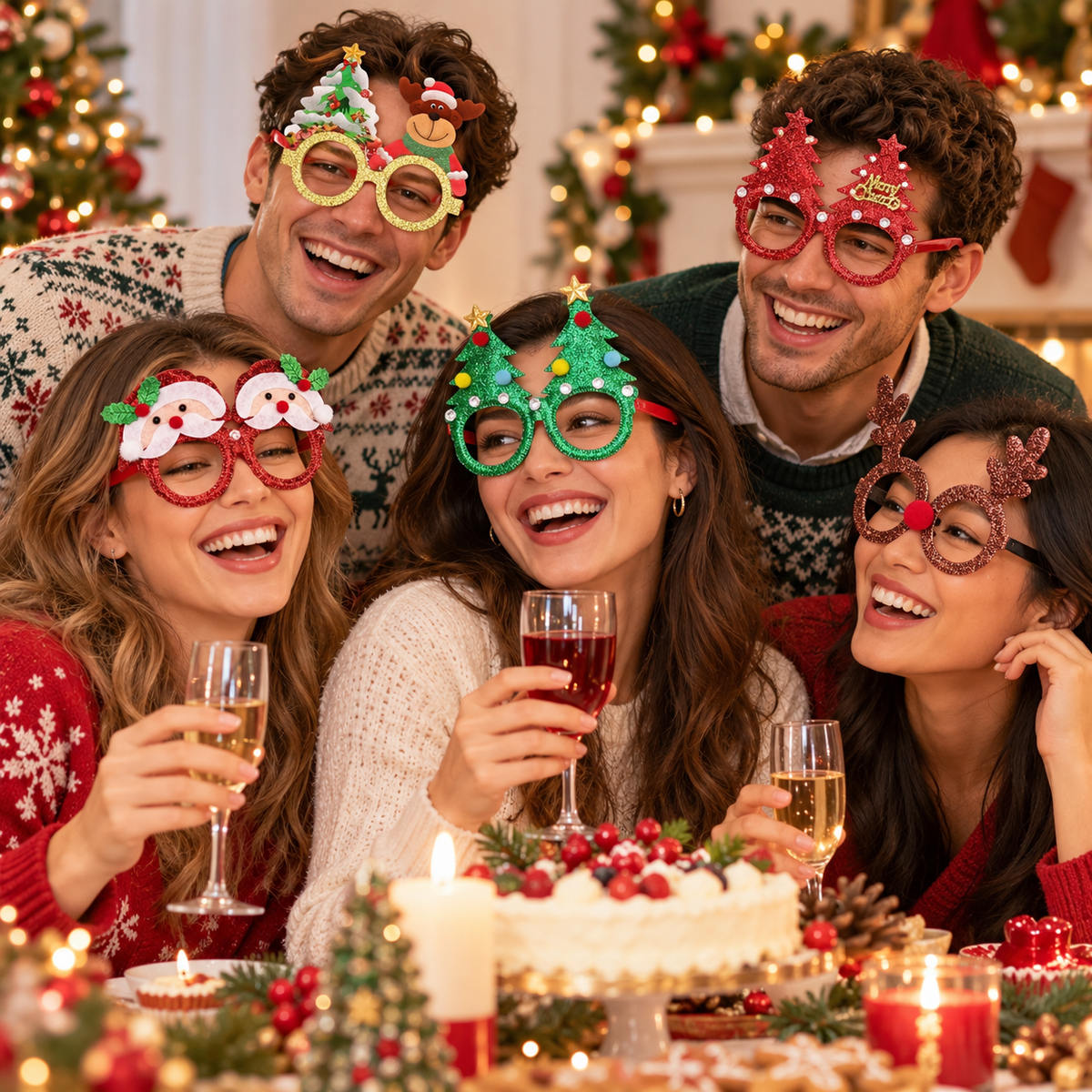 Friends at a Christmas table wearing Vanadaily novelty festive glasses
