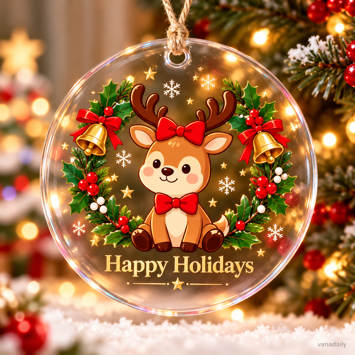 Clear acrylic Christmas ornament with festive reindeer design