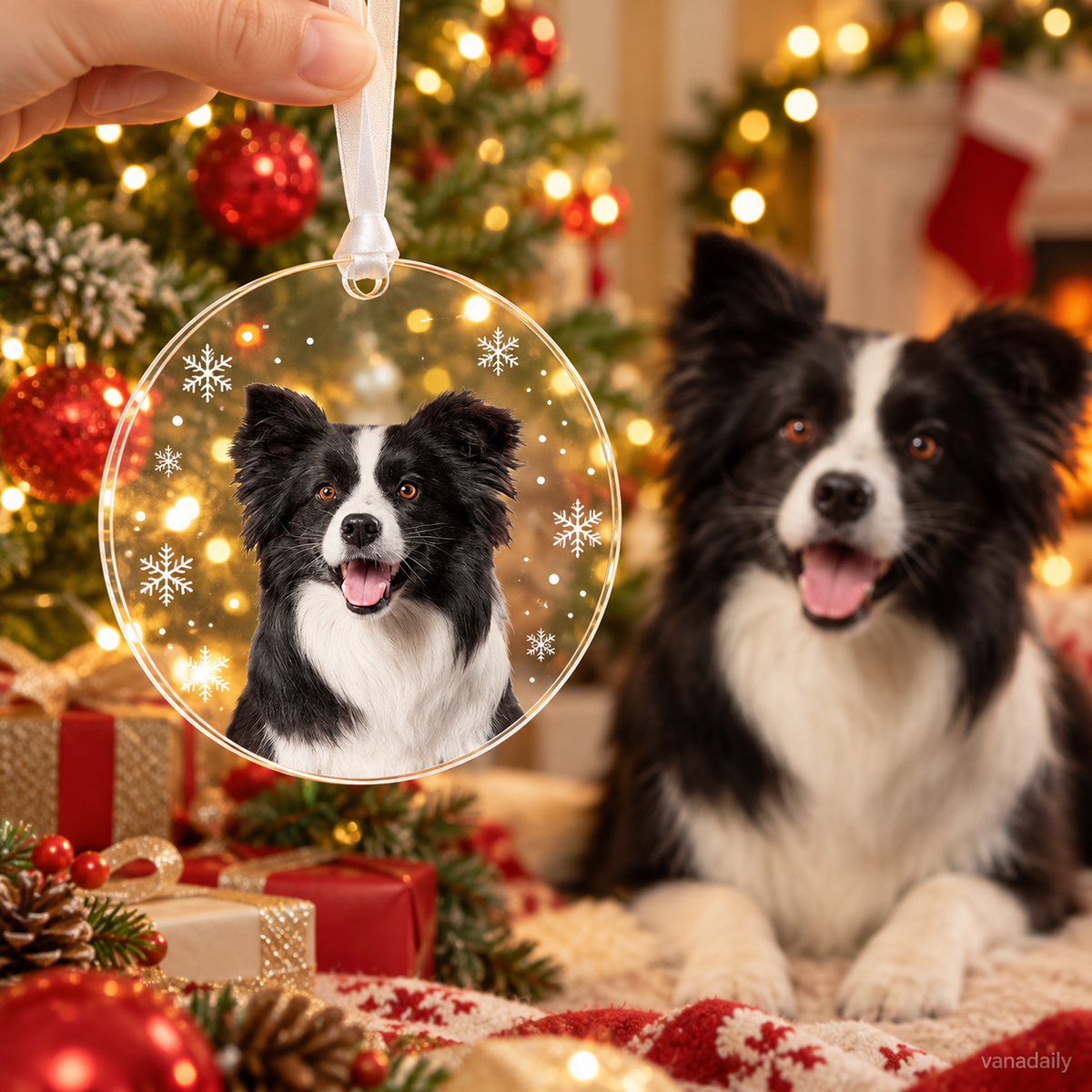 Personalized pet photo Christmas ornament with a real dog in the background