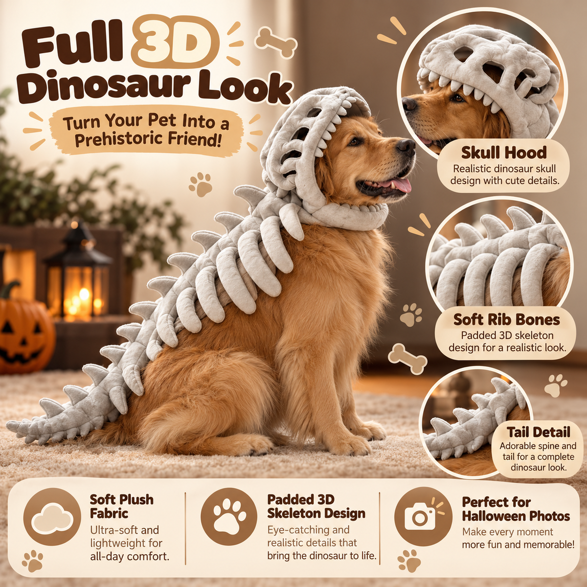 Dinosaur Skeleton Pet Costume 3D skull rib and tail feature infographic