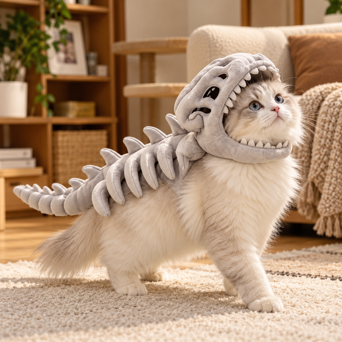 Fluffy cat wearing grey plush dinosaur skeleton pet costume in a cozy home setting