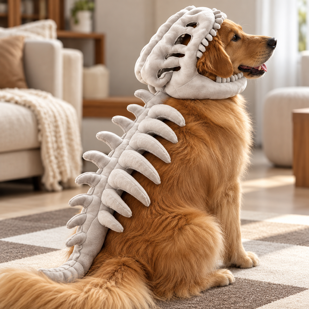 Back and side detail of grey plush dinosaur skeleton pet costume on a golden retriever