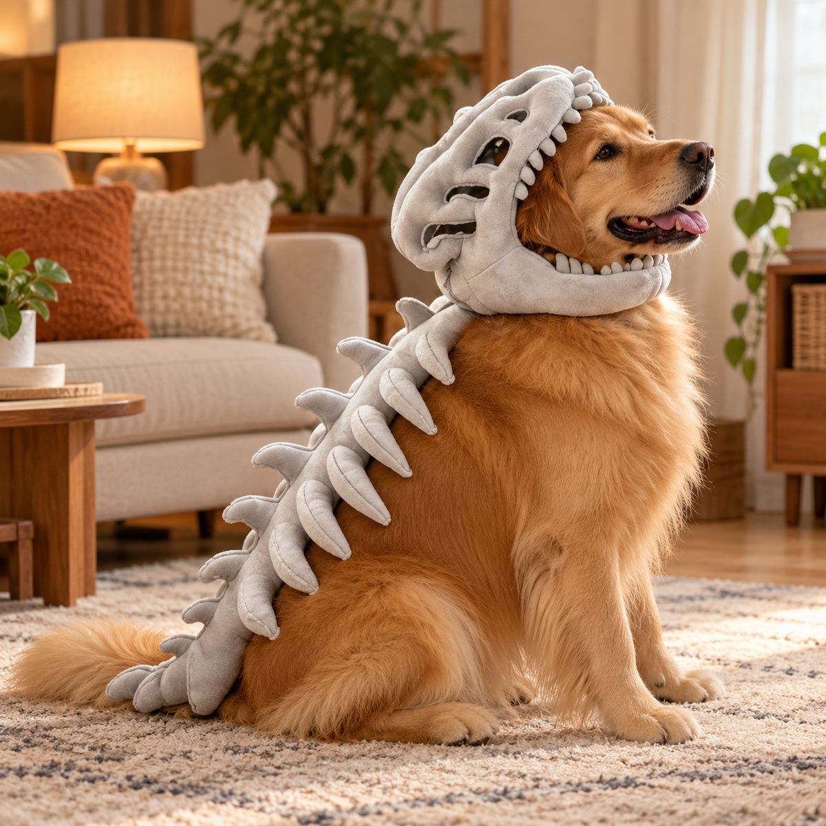 Golden retriever wearing grey plush dinosaur skeleton pet costume in a home setting